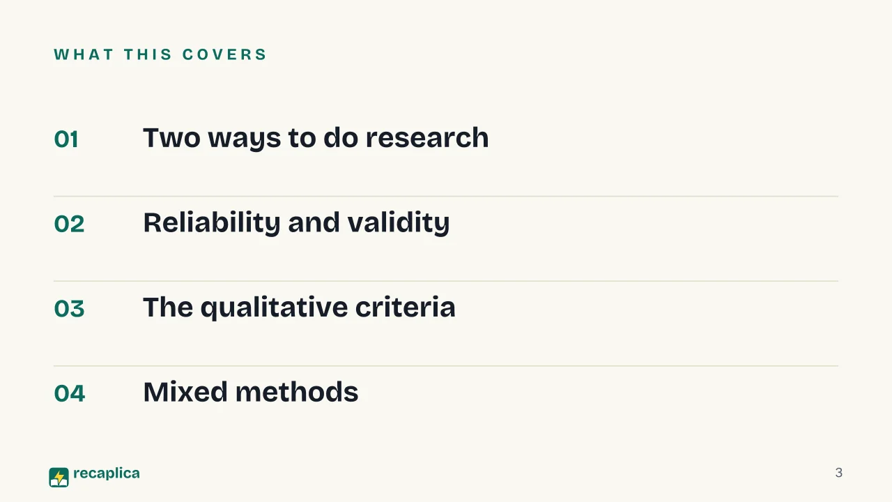 Slide 3 of the presentation on Qualitative and Quantitative Research: What this covers