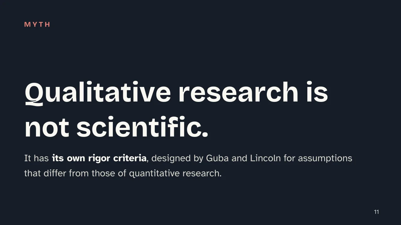 Slide 11 of the presentation on Qualitative and Quantitative Research: Qualitative research is not scientific.