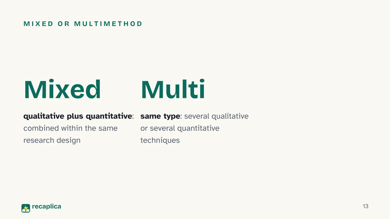 Slide 13 of the presentation on Qualitative and Quantitative Research: Mixed or multimethod