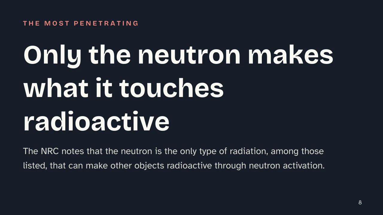 Slide 8 of the presentation on Radioactive Decay Explained: Only the neutron makes what it touches radioactive