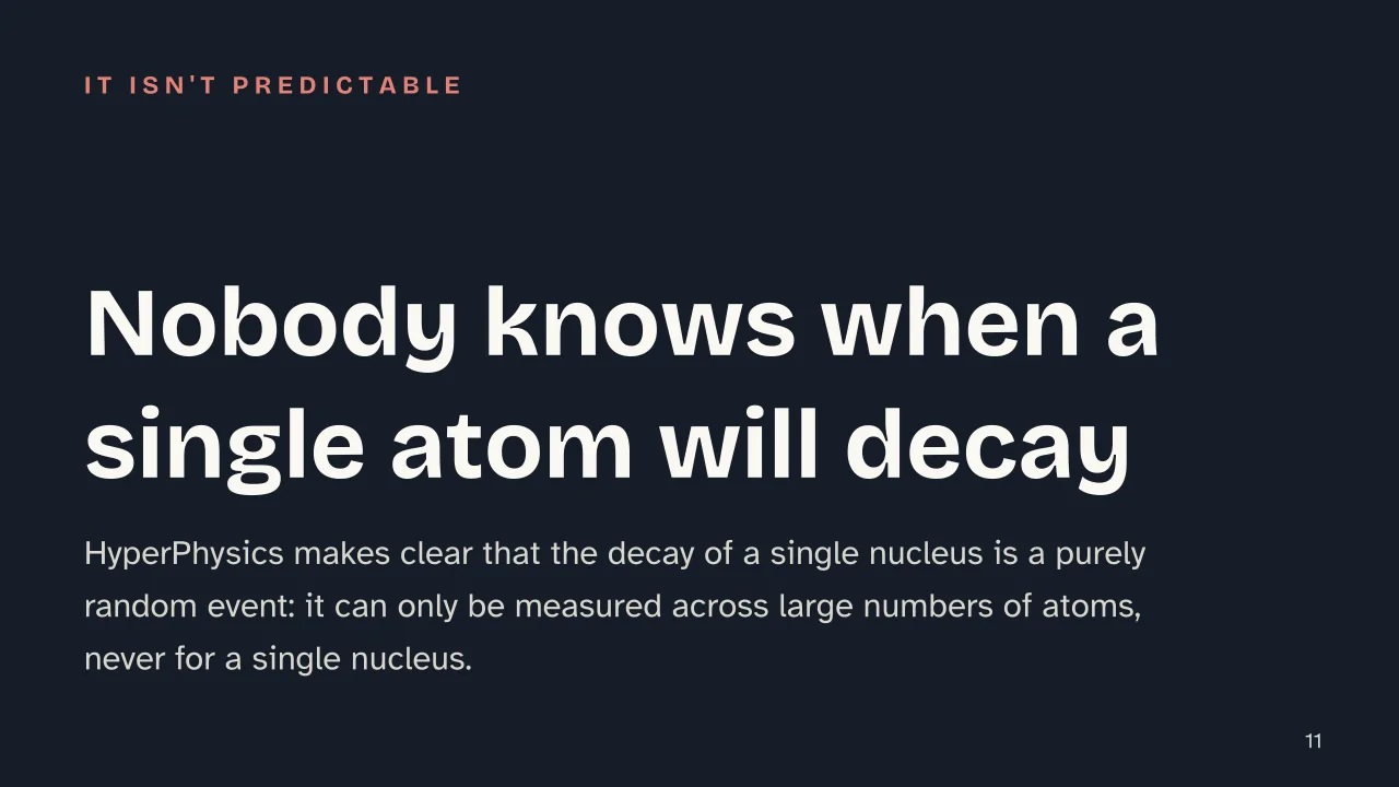 Slide 11 of the presentation on Radioactive Decay Explained: Nobody knows when a single atom will decay