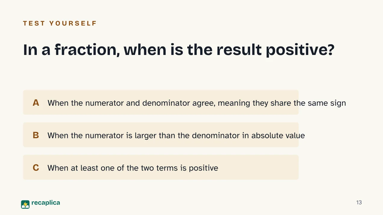 Slide 13 of the presentation on Rational Inequalities: In a fraction, when is the result positive?