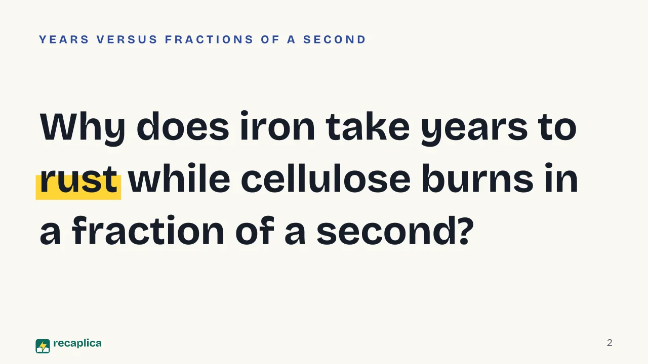 Slide 2 of the presentation on Reaction rate: Why does iron take years to rust while cellulose burns in a fraction of a second?