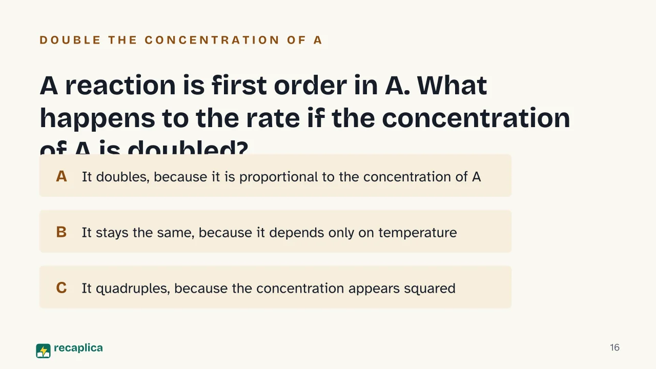 Slide 16 of the presentation on Reaction rate: A reaction is first order in A. What happens to the rate if the concentration of A is doubled?