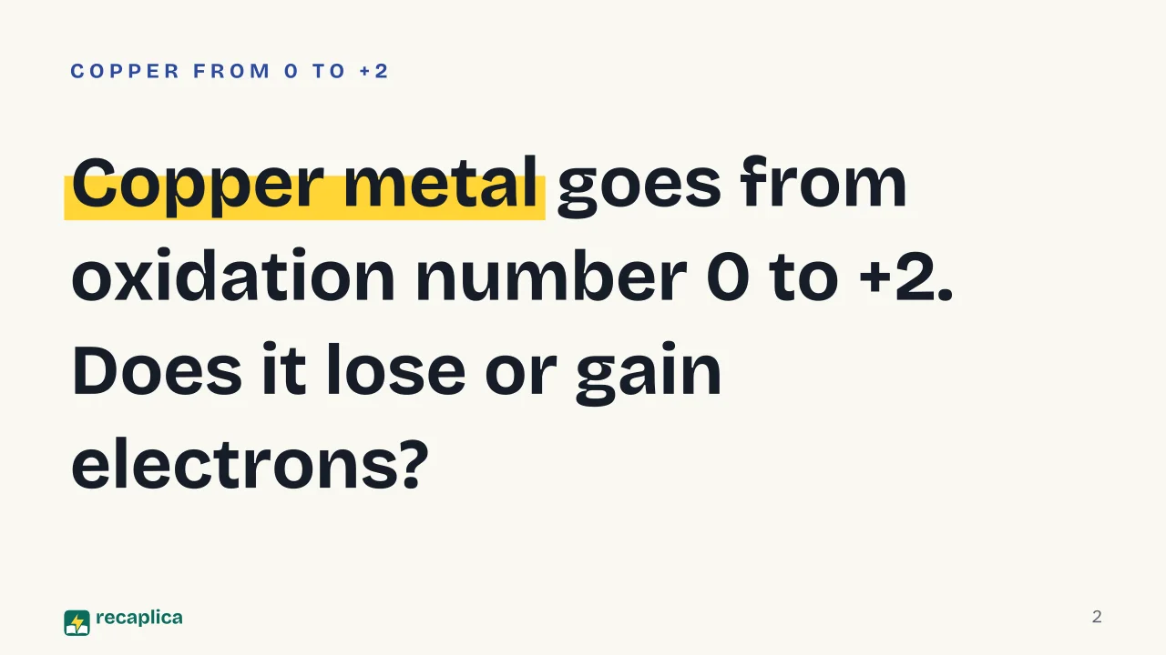 Slide 2 of the presentation on Redox Reactions: Copper metal goes from oxidation number 0 to +2. Does it lose or gain electrons?