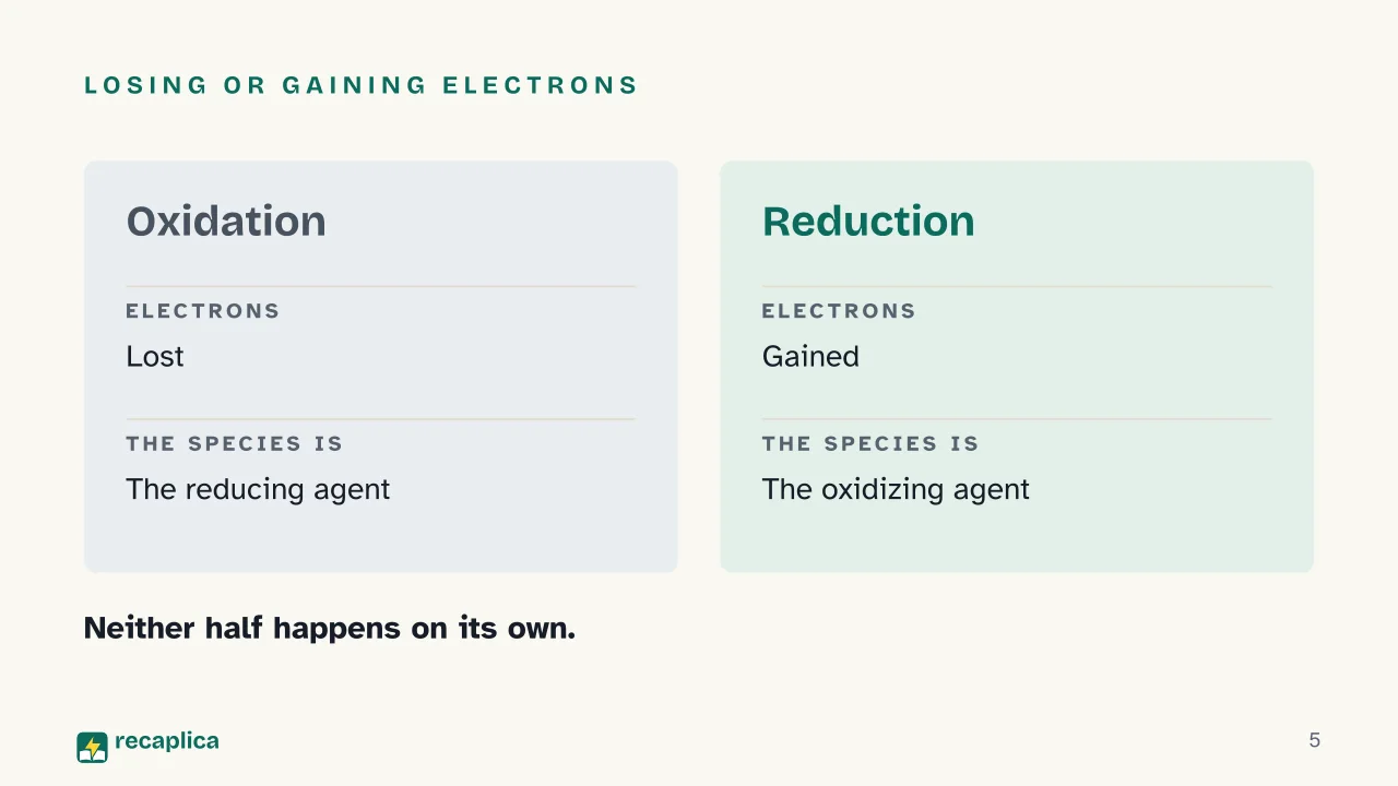 Slide 5 of the presentation on Redox Reactions: Losing or gaining electrons