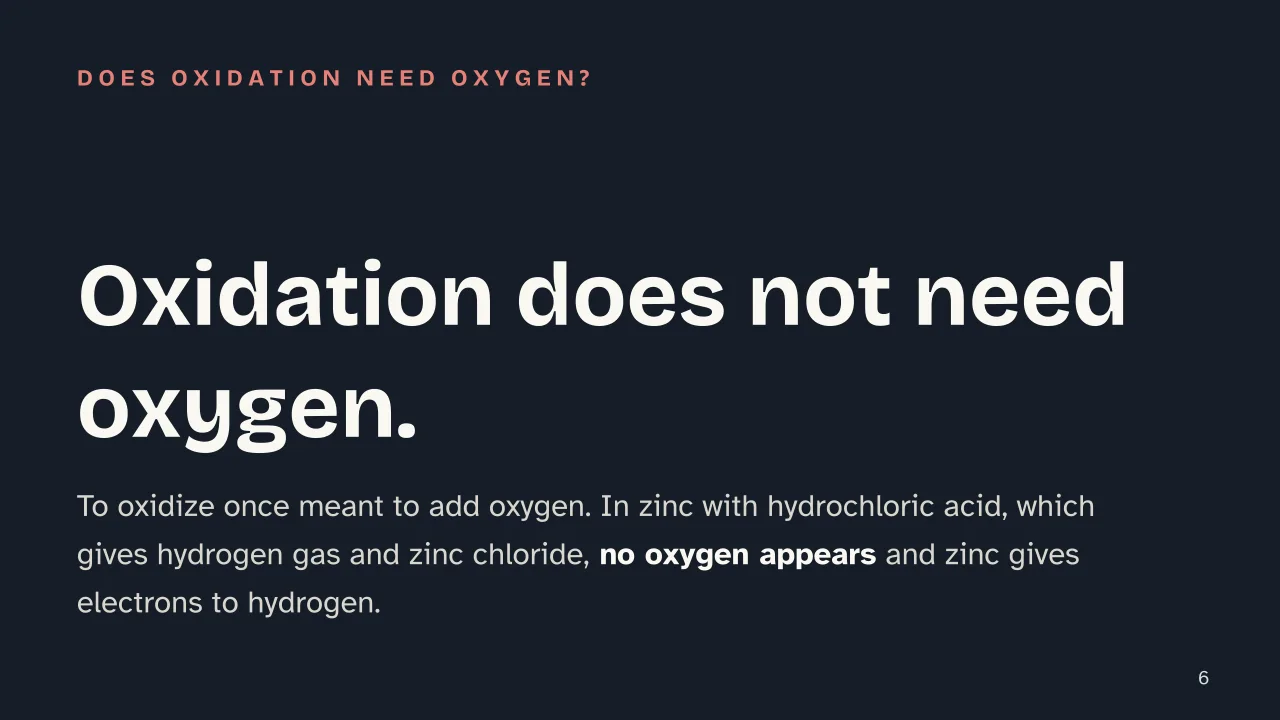 Slide 6 of the presentation on Redox Reactions: Oxidation does not need oxygen.