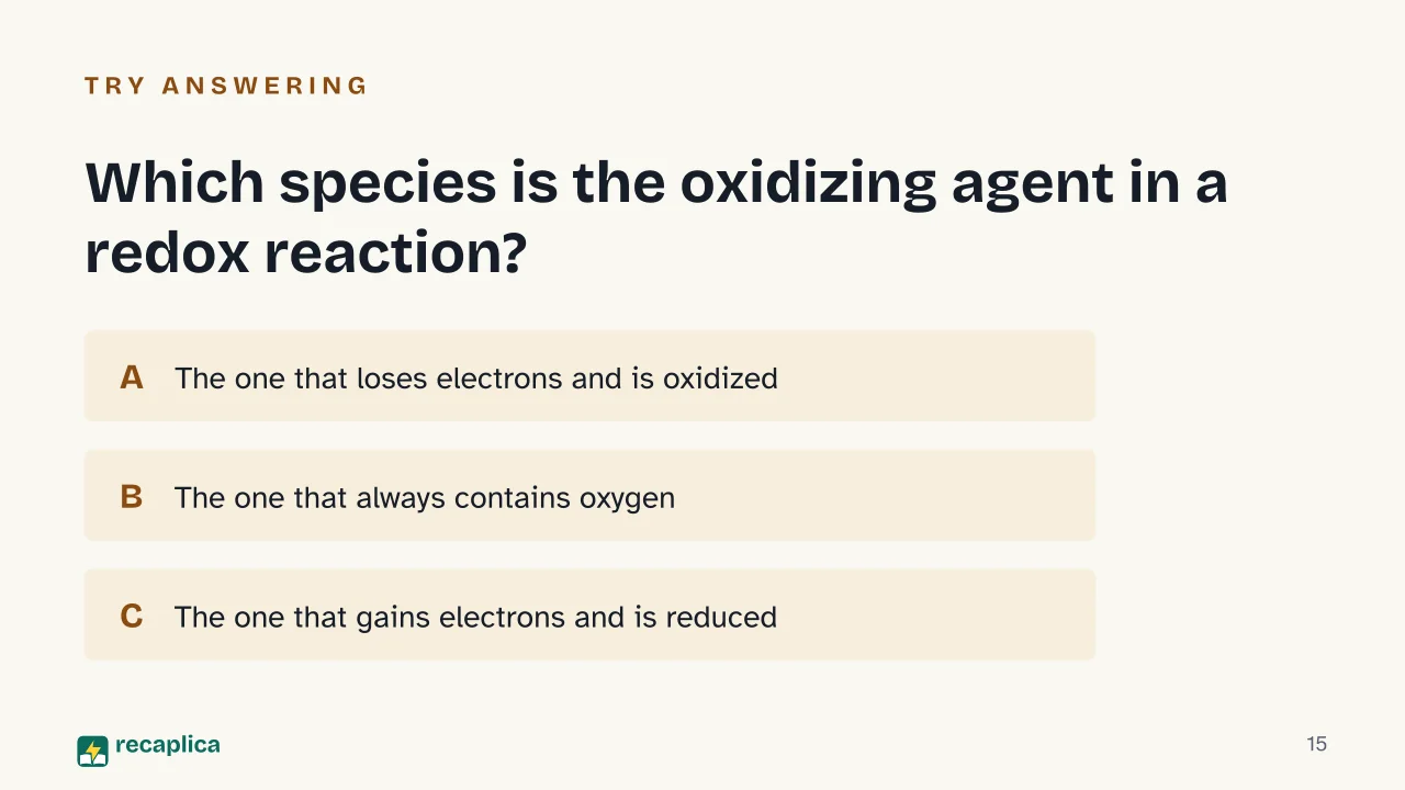 Slide 15 of the presentation on Redox Reactions: Which species is the oxidizing agent in a redox reaction?