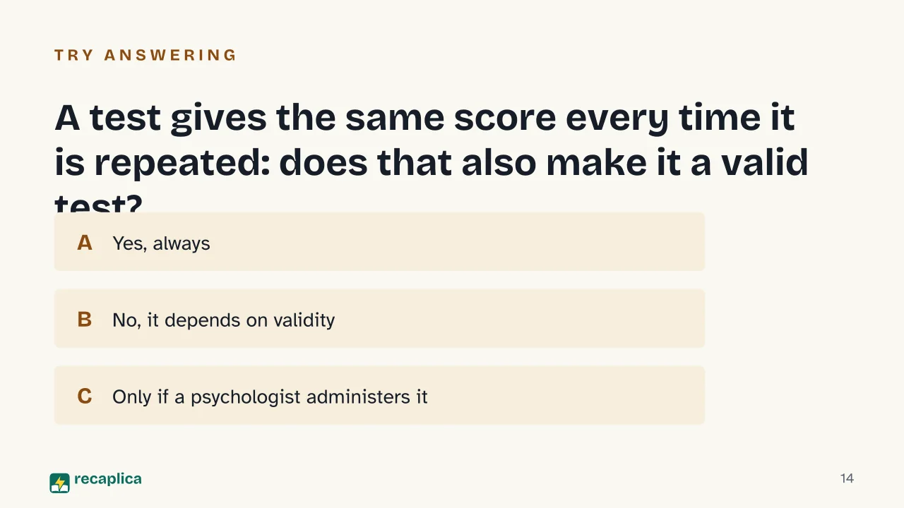 Slide 14 of the presentation on Research Methods in Psychology: A test gives the same score every time it is repeated: does that also make it a valid test?