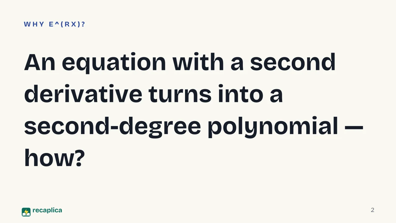 Slide 2 of the presentation on Second-Order Differential Equations: An equation with a second derivative turns into a second-degree polynomial — how?