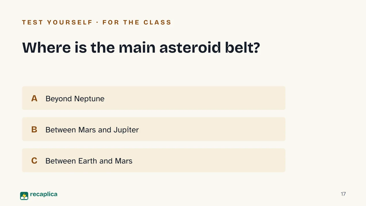 Slide 17 of the presentation on The solar system: Where is the main asteroid belt?
