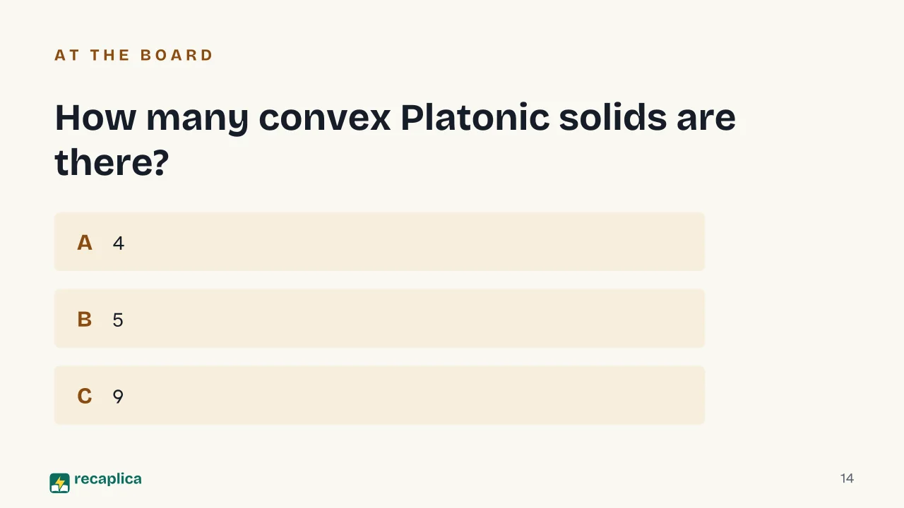 Slide 14 of the presentation on Solid Geometry: How many convex Platonic solids are there?