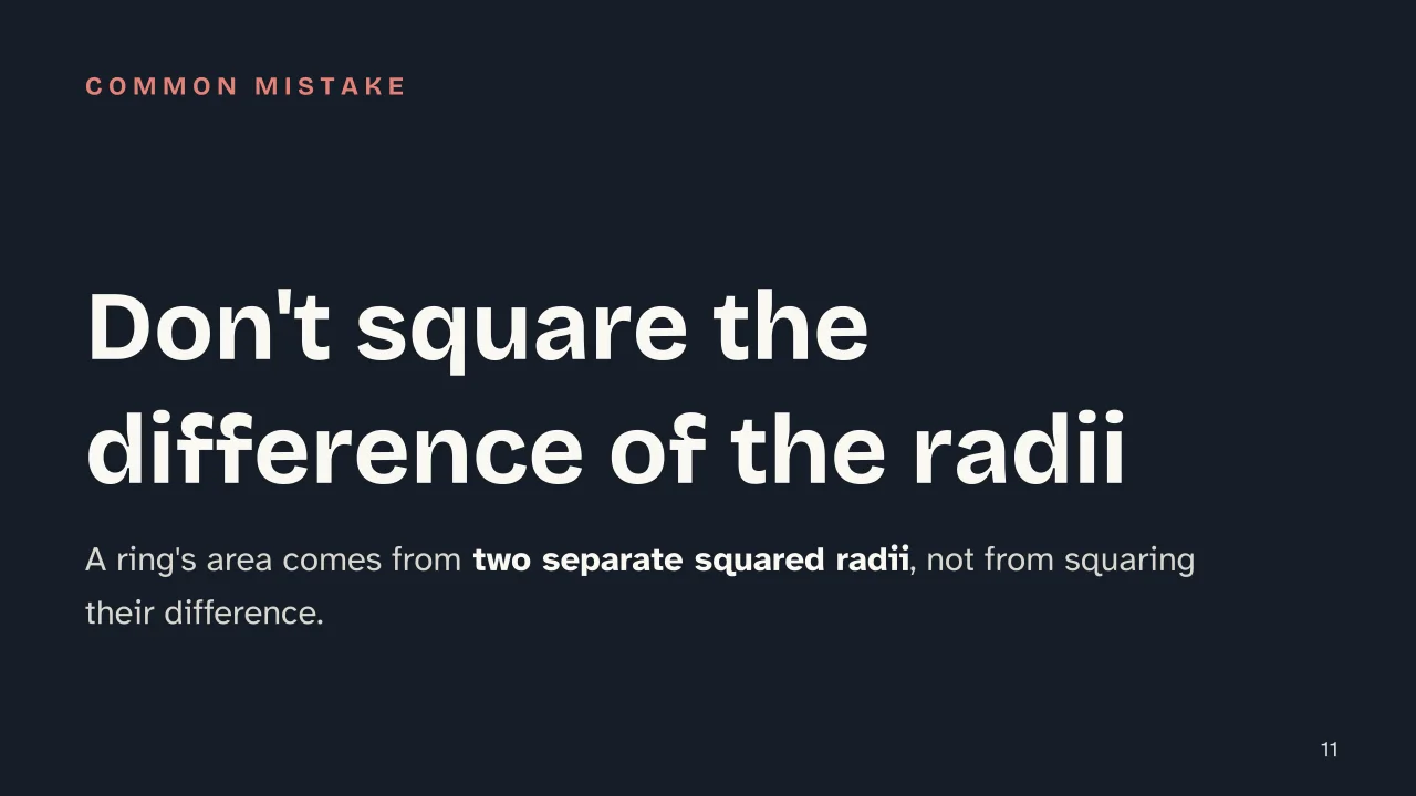 Slide 11 of the presentation on Solid of Revolution: Don't square the difference of the radii