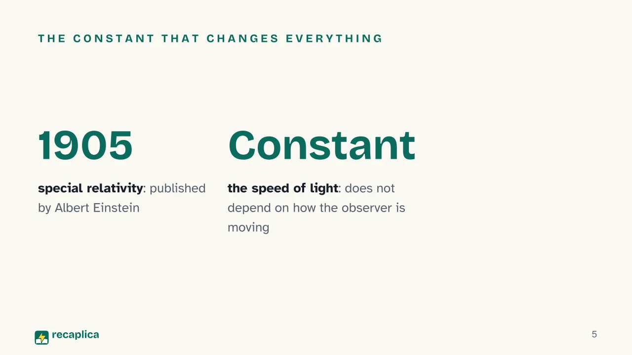 Slide 5 of the presentation on E = mc²: The constant that changes everything