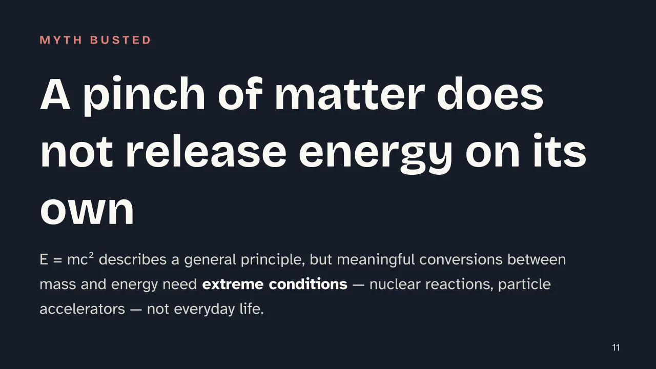 Slide 11 of the presentation on E = mc²: A pinch of matter does not release energy on its own