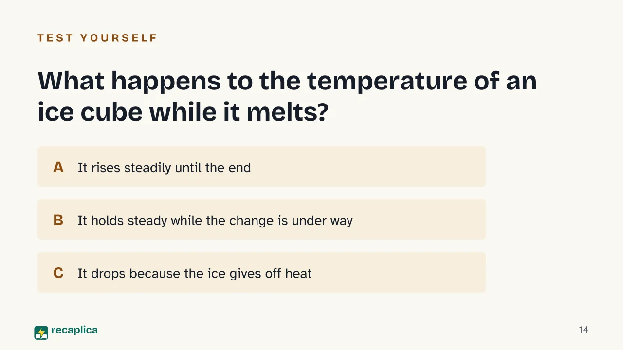 Slide 14 of the presentation on States of Matter and Phase Changes, with a Diagram: What happens to the temperature of an ice cube while it melts?