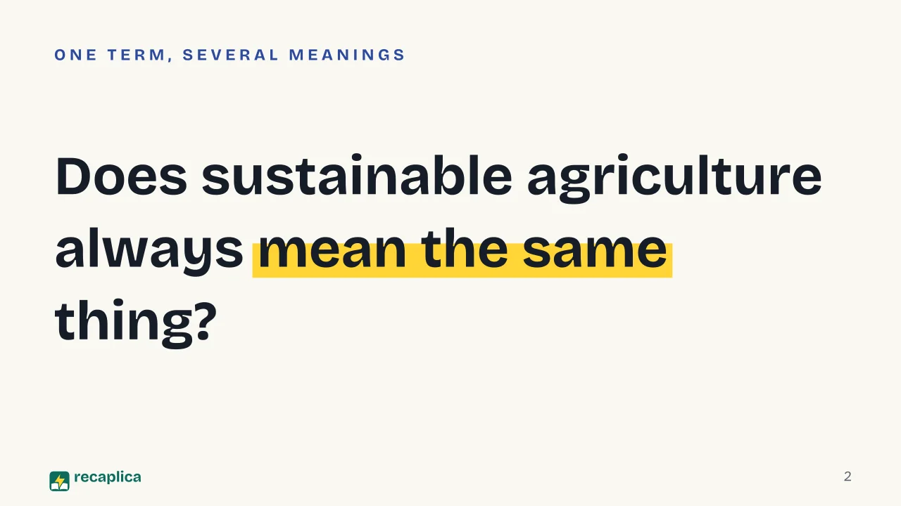 Slide 2 of the presentation on What Is Sustainable Agriculture? Definition, Measures, and the Organic Difference: Does sustainable agriculture always mean the same thing?