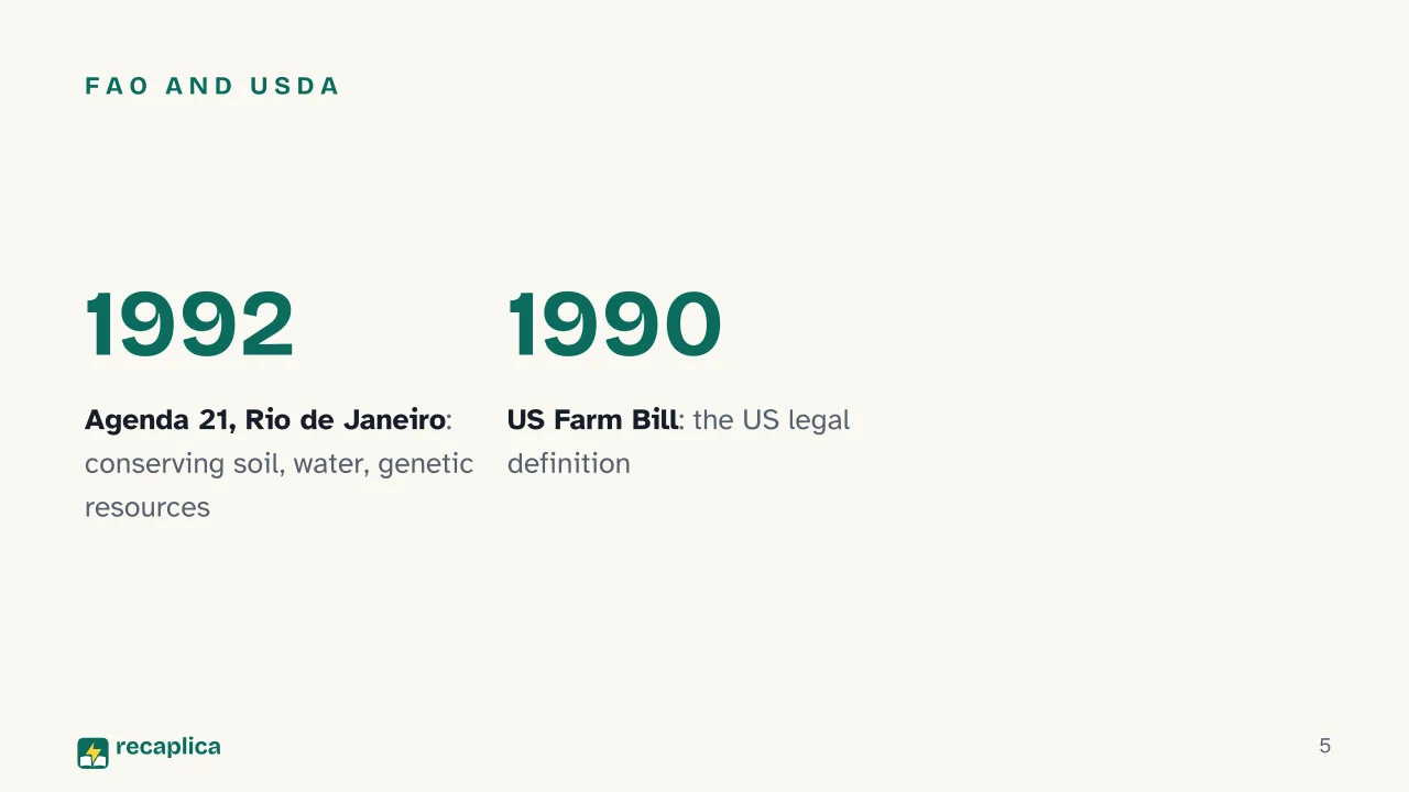 Slide 5 of the presentation on What Is Sustainable Agriculture? Definition, Measures, and the Organic Difference: FAO and USDA