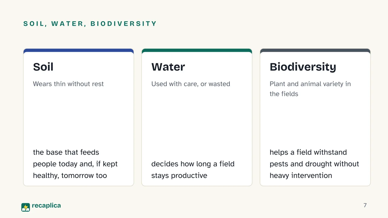 Slide 7 of the presentation on What Is Sustainable Agriculture? Definition, Measures, and the Organic Difference: Soil, water, biodiversity: Soil, Water, Biodiversity