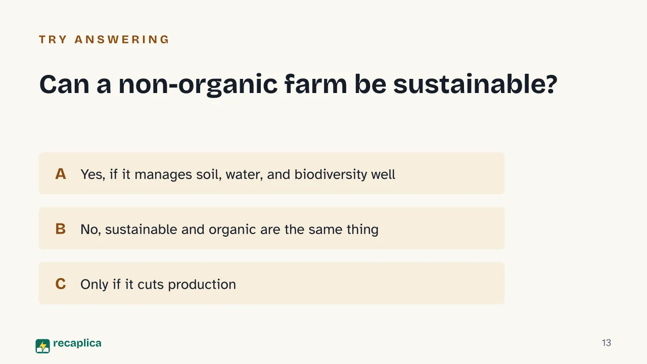 Slide 13 of the presentation on What Is Sustainable Agriculture? Definition, Measures, and the Organic Difference: Can a non-organic farm be sustainable?