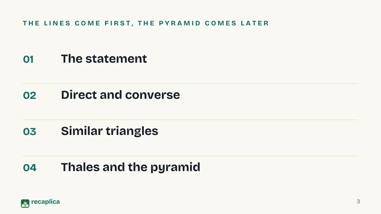 Slide 3 of the presentation on What Is Thales' Theorem? Parallel Lines and Similar Triangles: The lines come first, the pyramid comes later