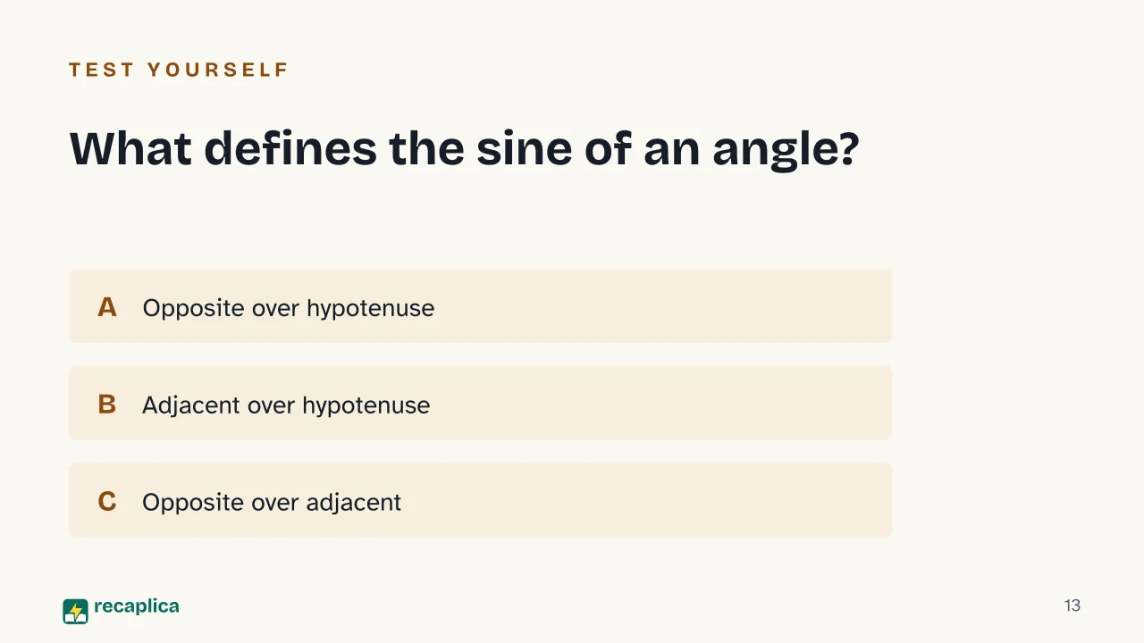 Slide 13 of the presentation on Trigonometry: What defines the sine of an angle?