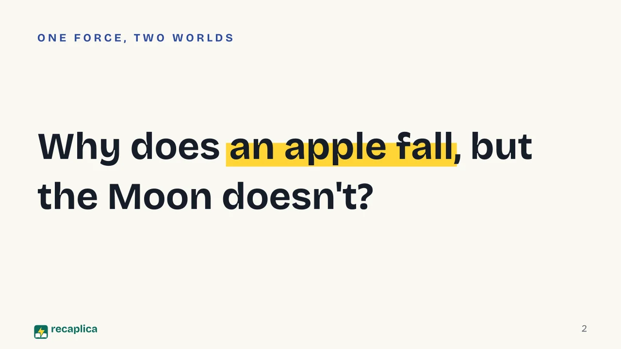 Slide 2 of the presentation on Newton's Law of Universal Gravitation: Why does an apple fall, but the Moon doesn't?