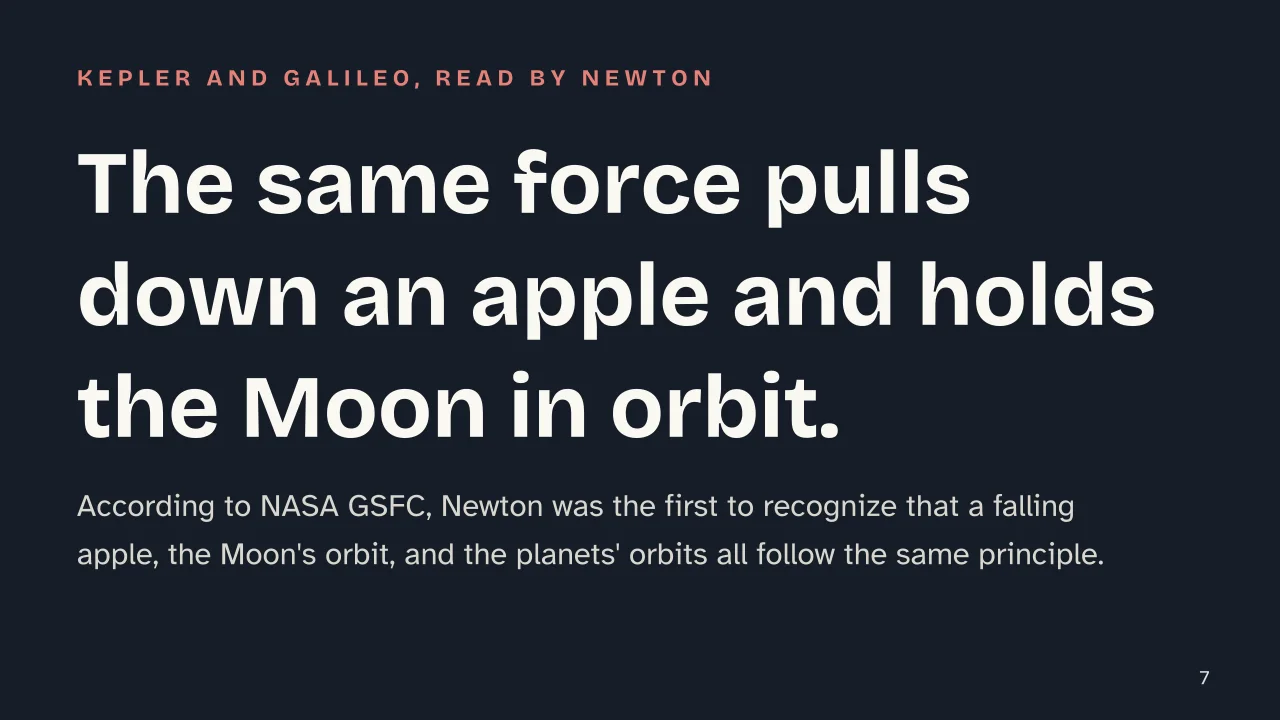Slide 7 of the presentation on Newton's Law of Universal Gravitation: The same force pulls down an apple and holds the Moon in orbit.