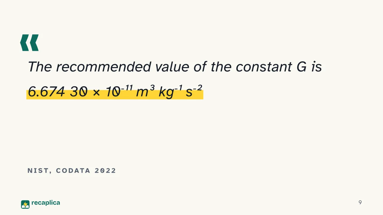 Slide 9 of the presentation on Newton's Law of Universal Gravitation: NIST, CODATA 2022