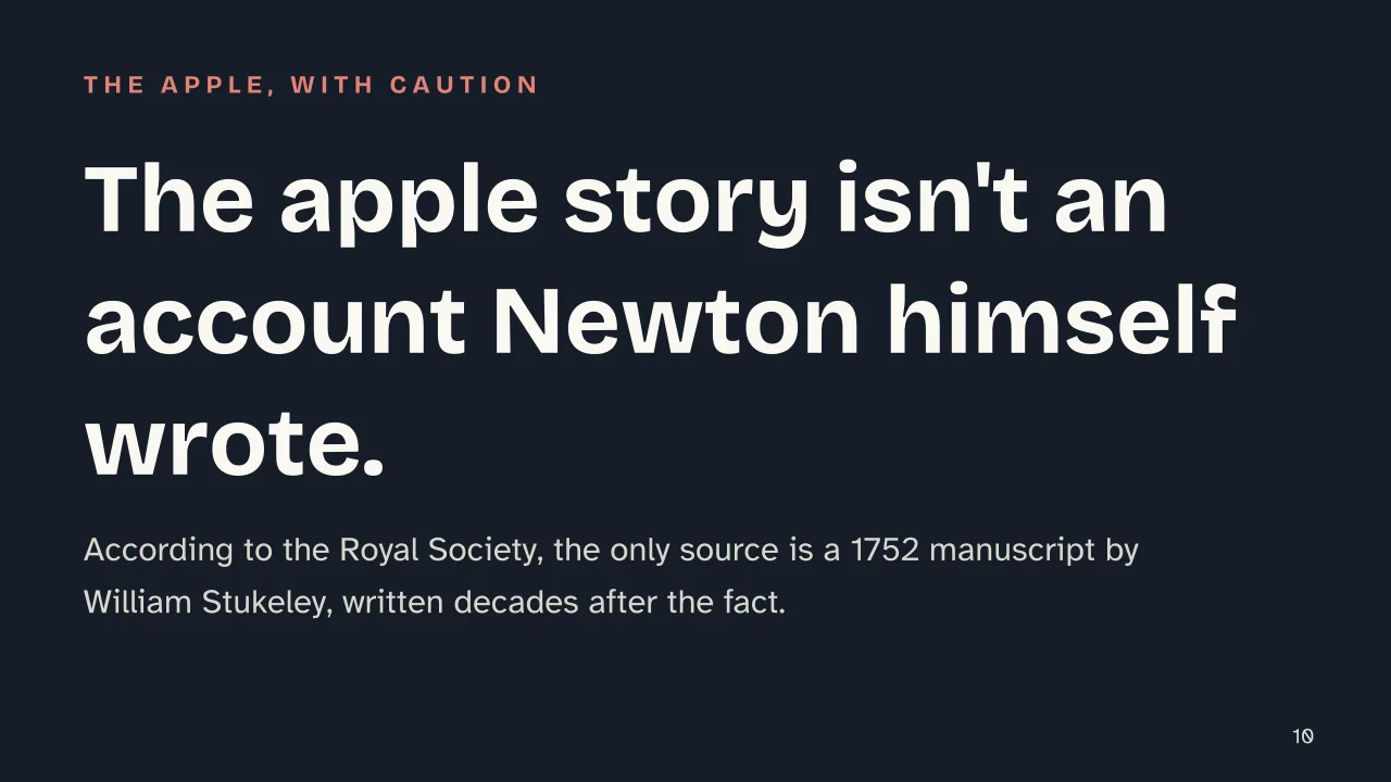 Slide 10 of the presentation on Newton's Law of Universal Gravitation: The apple story isn't an account Newton himself wrote.