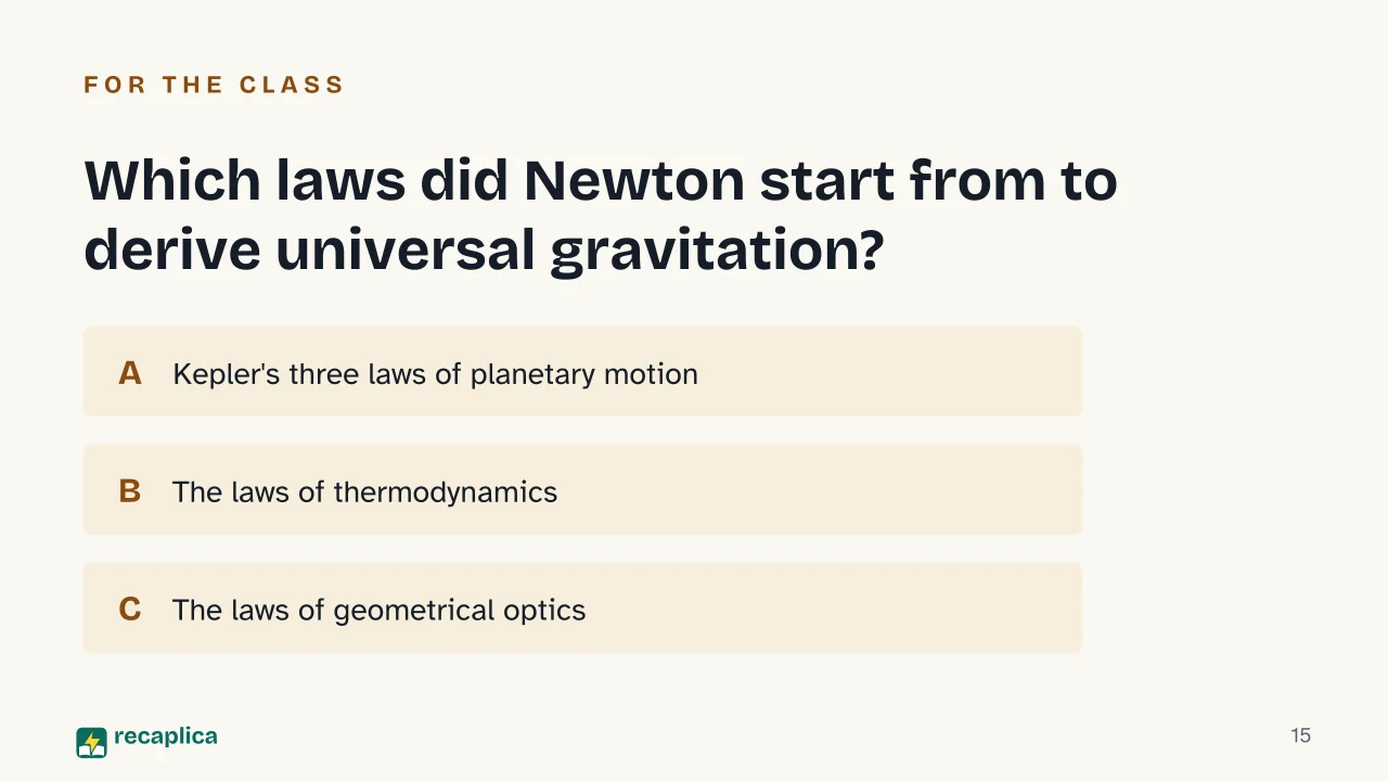 Slide 15 of the presentation on Newton's Law of Universal Gravitation: Which laws did Newton start from to derive universal gravitation?