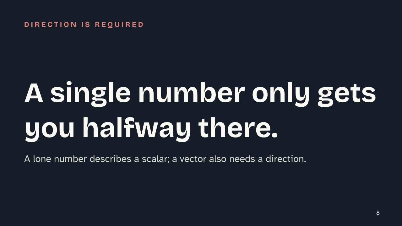 Slide 8 of the presentation on Vectors: A single number only gets you halfway there.