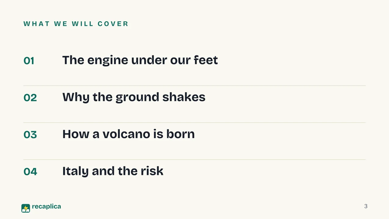 Slide 3 of the presentation on Volcanoes and Earthquakes: What we will cover