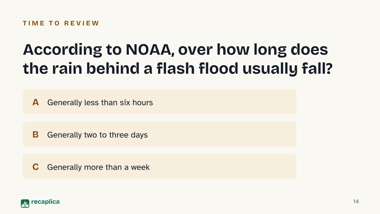 Slide 14 of the presentation on What Is a Flood? Causes, Types and Flash Floods: According to NOAA, over how long does the rain behind a flash flood usually fall?