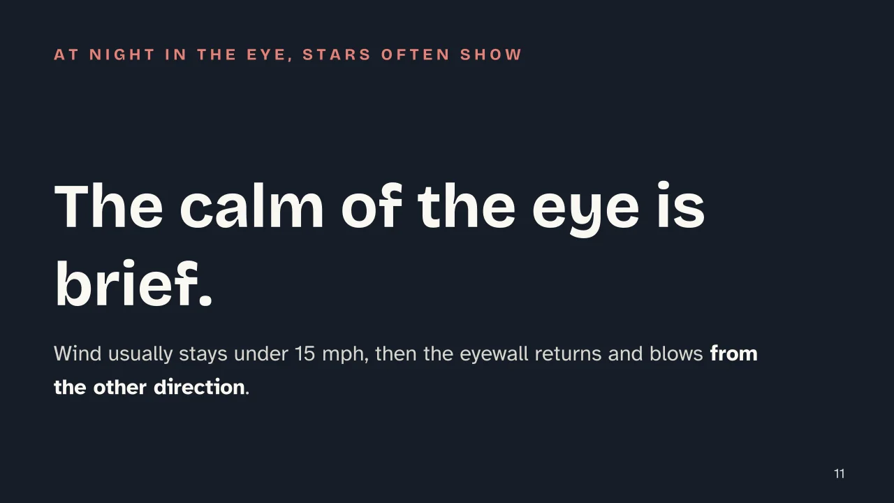 Slide 11 of the presentation on What Is a Hurricane? How It Forms and How It Differs from a Cyclone or Typhoon: The calm of the eye is brief.