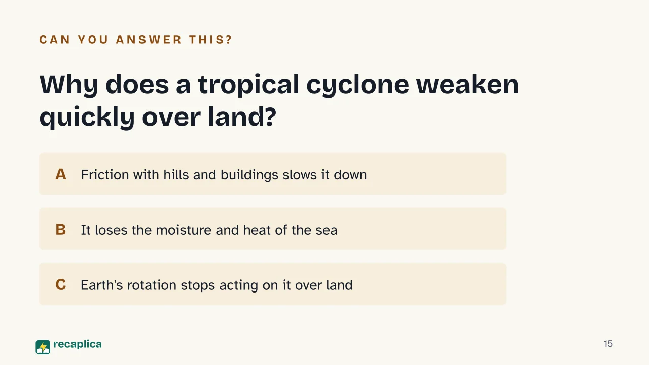 Slide 15 of the presentation on What Is a Hurricane? How It Forms and How It Differs from a Cyclone or Typhoon: Why does a tropical cyclone weaken quickly over land?
