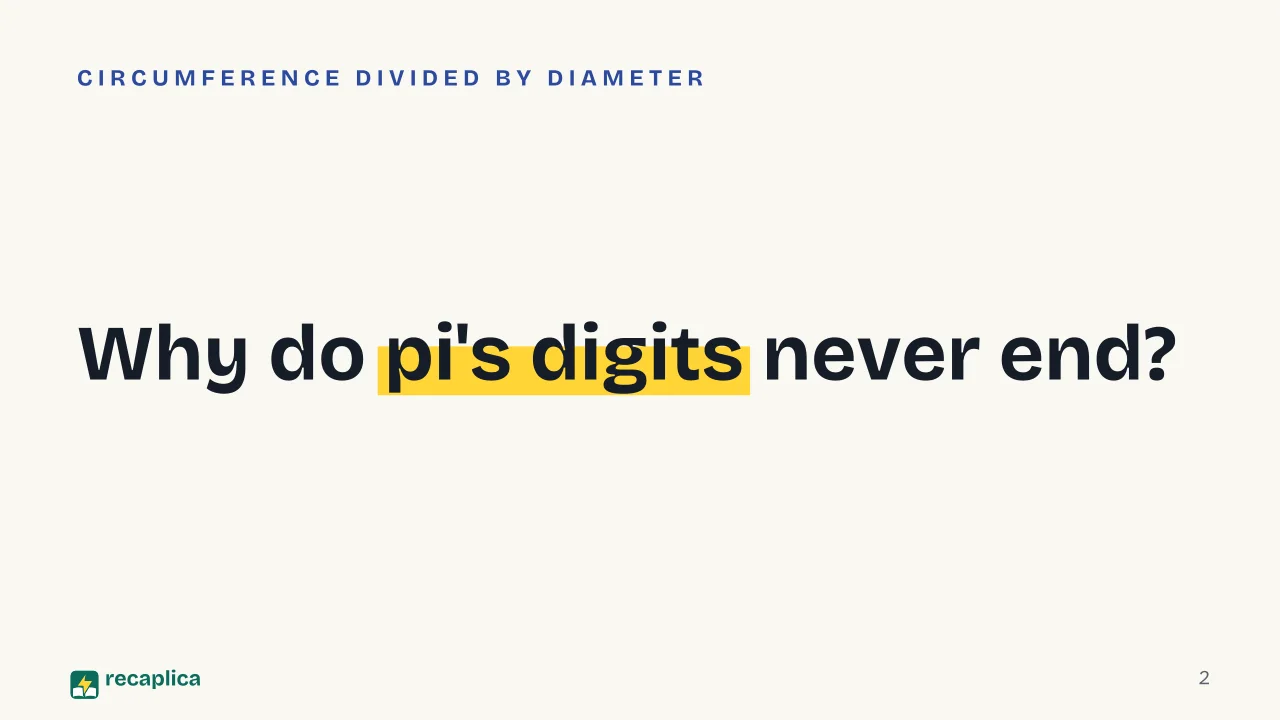 Slide 2 of the presentation on What Is Pi? The Number That Never Ends: Why do pi's digits never end?