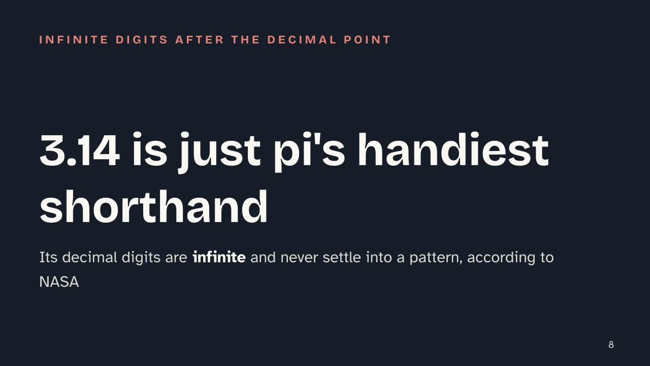 Slide 8 of the presentation on What Is Pi? The Number That Never Ends: 3.14 is just pi's handiest shorthand
