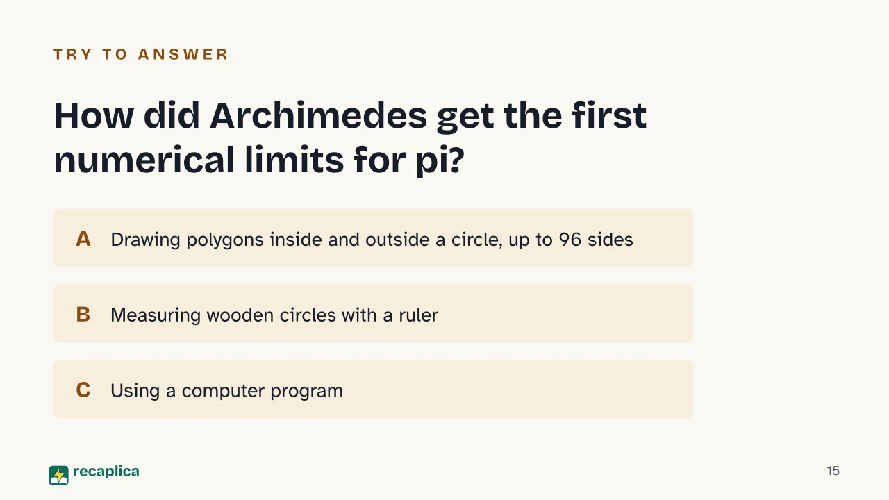 Slide 15 of the presentation on What Is Pi? The Number That Never Ends: How did Archimedes get the first numerical limits for pi?