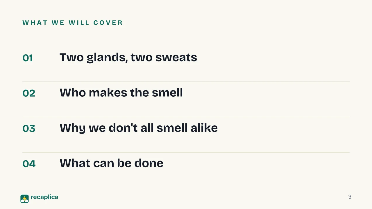 Slide 3 of the presentation on Why Does Sweat Smell? The Real Cause Isn't the Sweat: What we will cover