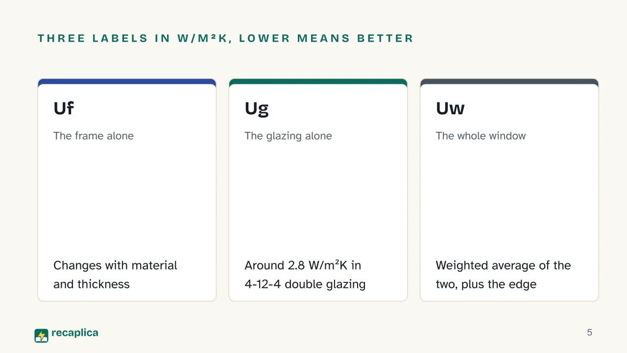Slide 5 of the presentation on Window frame materials compared: Three labels in W/m²K, lower means better: Uf, Ug, Uw
