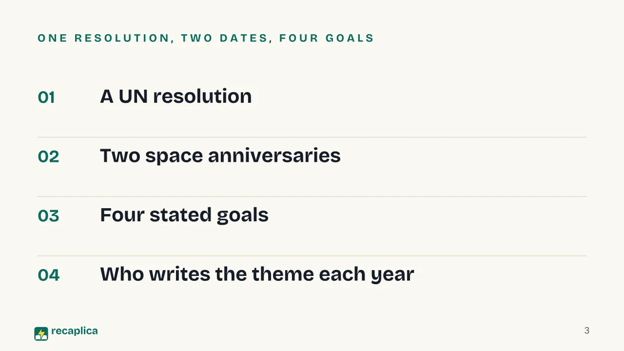 Slide 3 of the presentation on World Space Week: One resolution, two dates, four goals