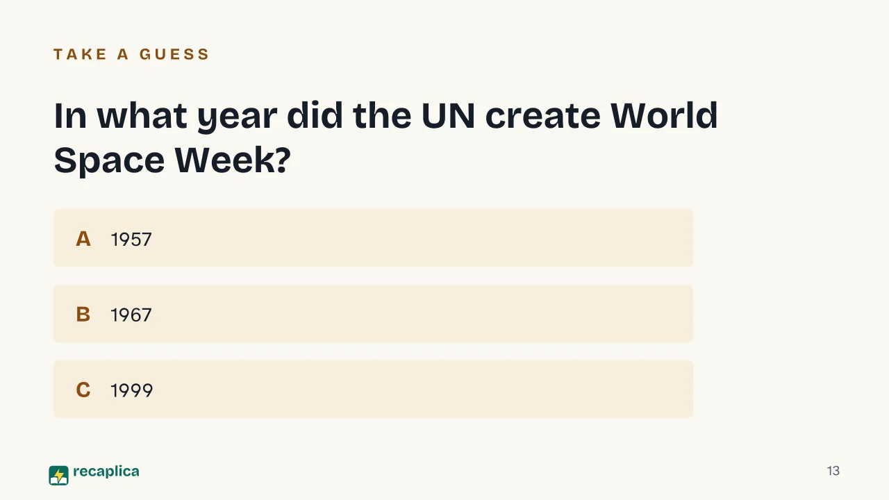 Slide 13 of the presentation on World Space Week: In what year did the UN create World Space Week?