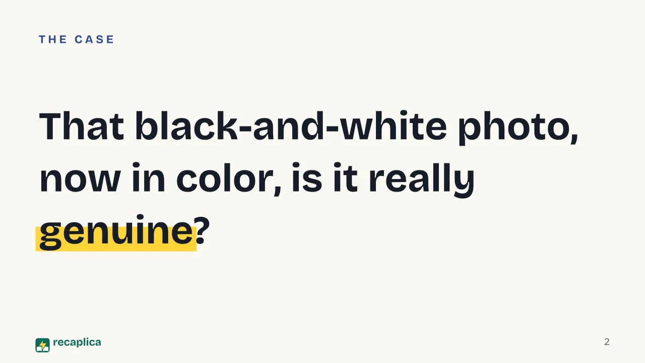 Slide 2 of the presentation on AI Pop Culture: That black-and-white photo, now in color, is it really genuine?