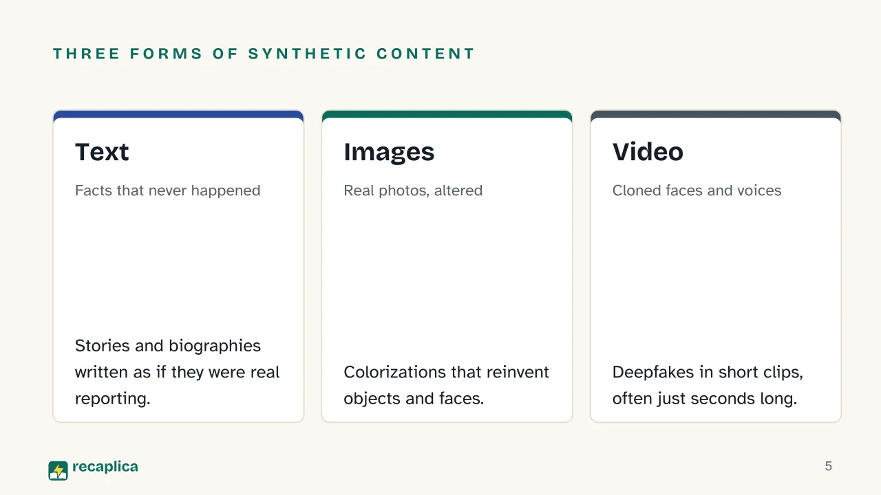 Slide 5 of the presentation on AI Pop Culture: Three forms of synthetic content: Text, Images, Video