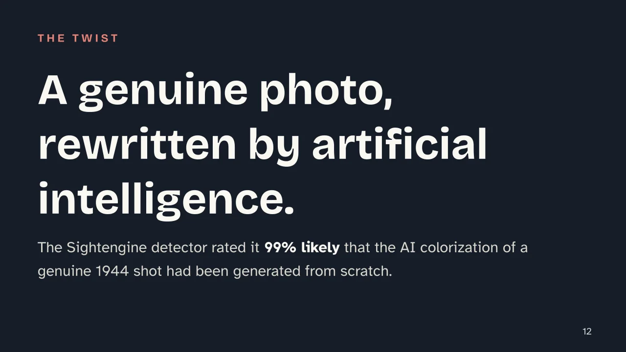 Slide 12 of the presentation on AI Pop Culture: A genuine photo, rewritten by artificial intelligence.