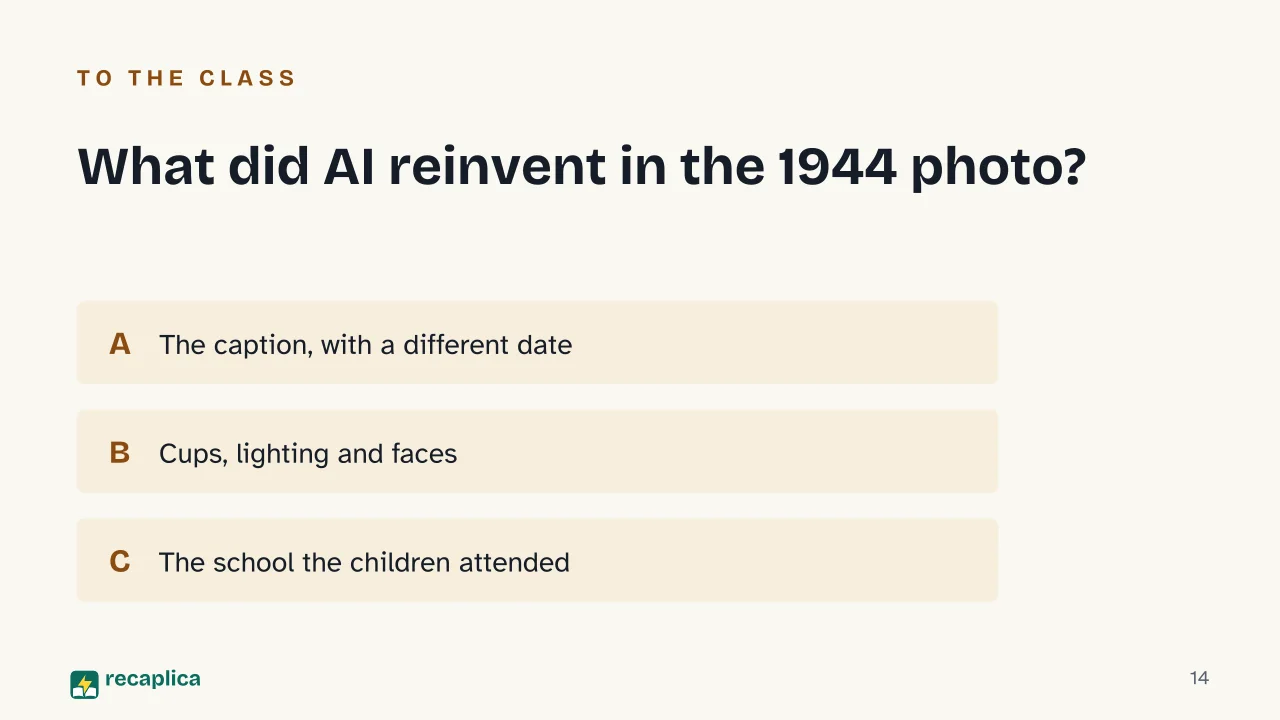 Slide 14 of the presentation on AI Pop Culture: What did AI reinvent in the 1944 photo?