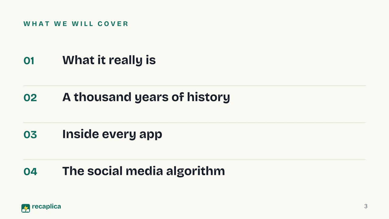 Slide 3 of the presentation on The algorithm: What we will cover