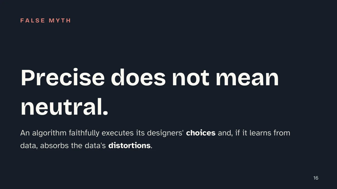 Slide 16 of the presentation on The algorithm: Precise does not mean neutral.