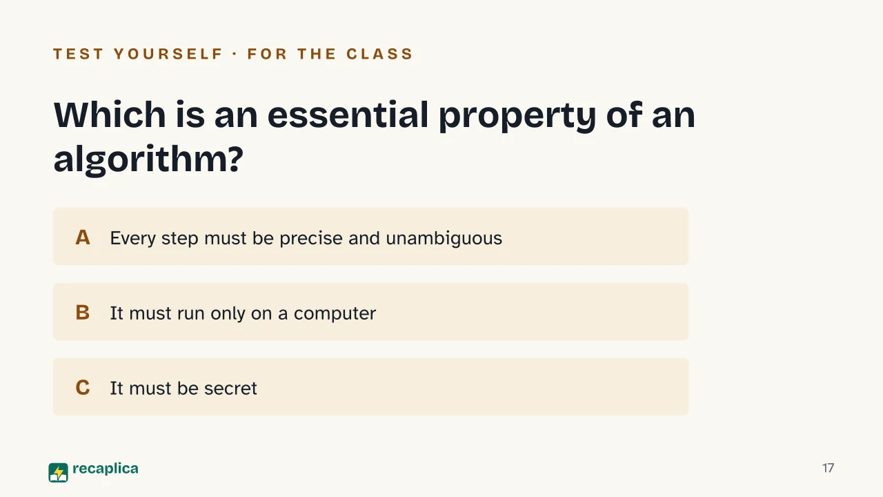 Slide 17 of the presentation on The algorithm: Which is an essential property of an algorithm?